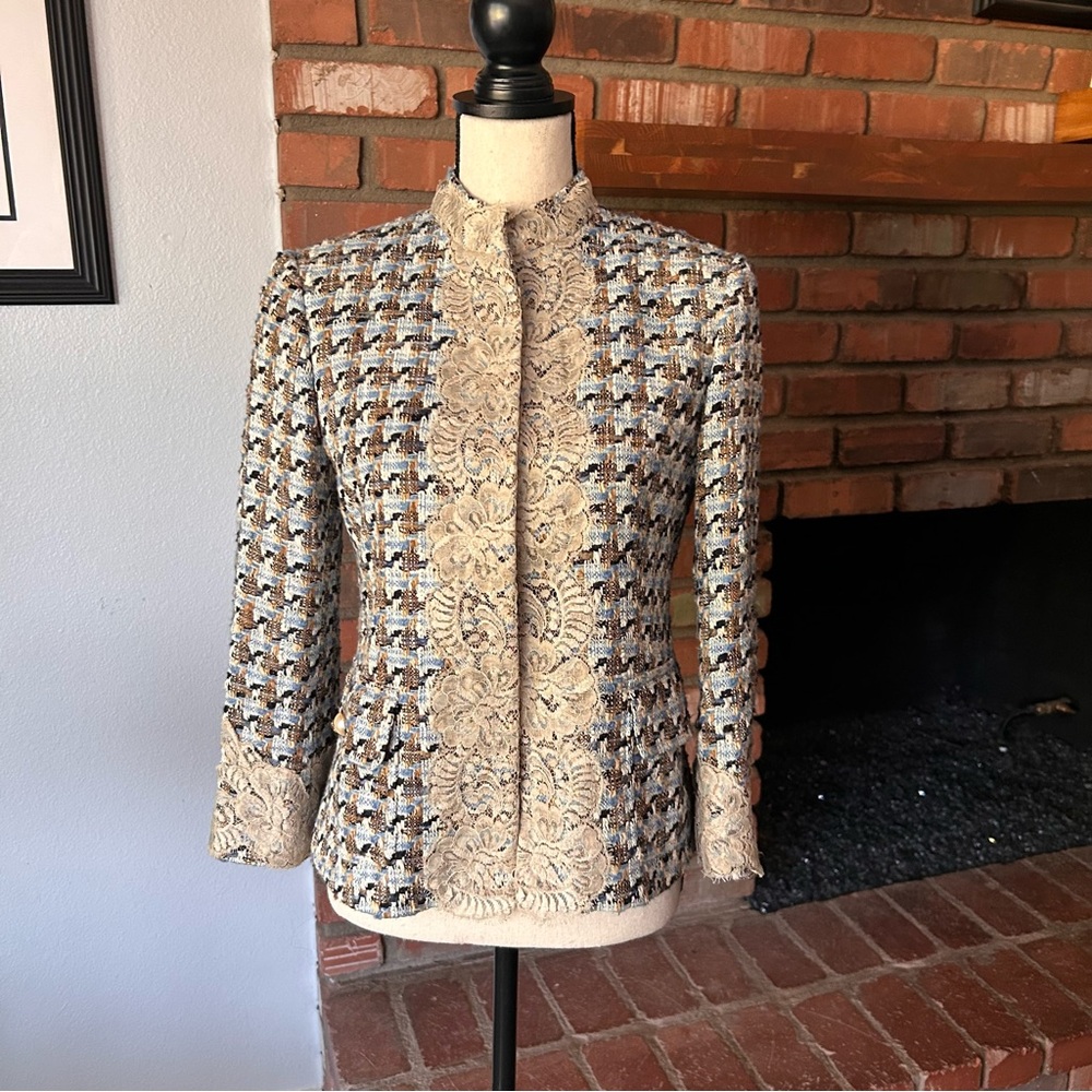 VTG Dolce & Gabbana Tweed Lace Blazer Jacket Blue Brown Sz S
